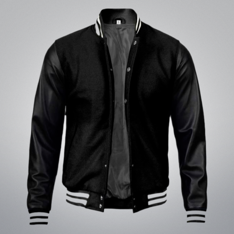 Premium Black Varsity Leather Sleeve Jacket