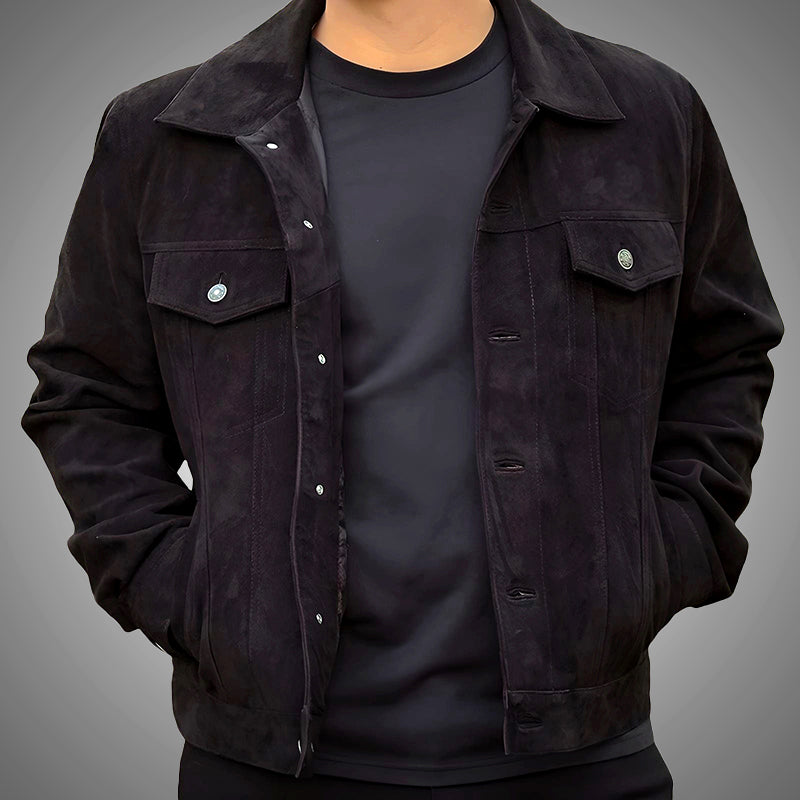 Black Suede Trucker Jacket - Premium Goat Skin Leather