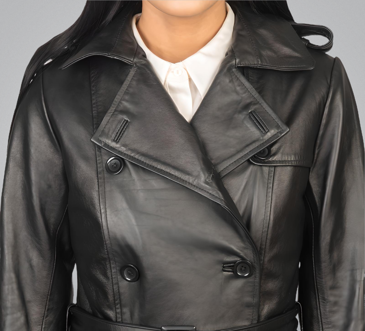 Black Double Breasted Leather Coat