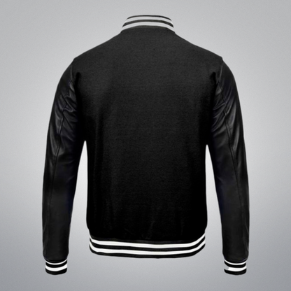 Black Varsity Jacket With Leather Sleeves