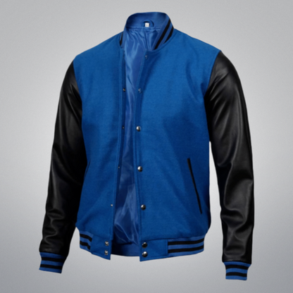 Blue Varsity Jacket With Leather Sleeves