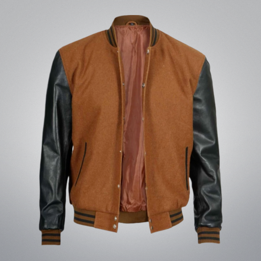 Brown Varsity Jacket With Leather Sleeves