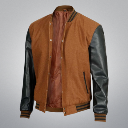 Brown Varsity Jacket With Leather Sleeves