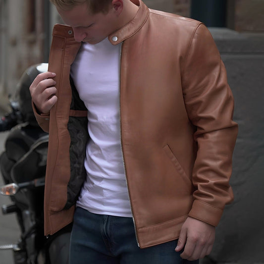 Tan Biker Jacket by Cuir Jackets USA