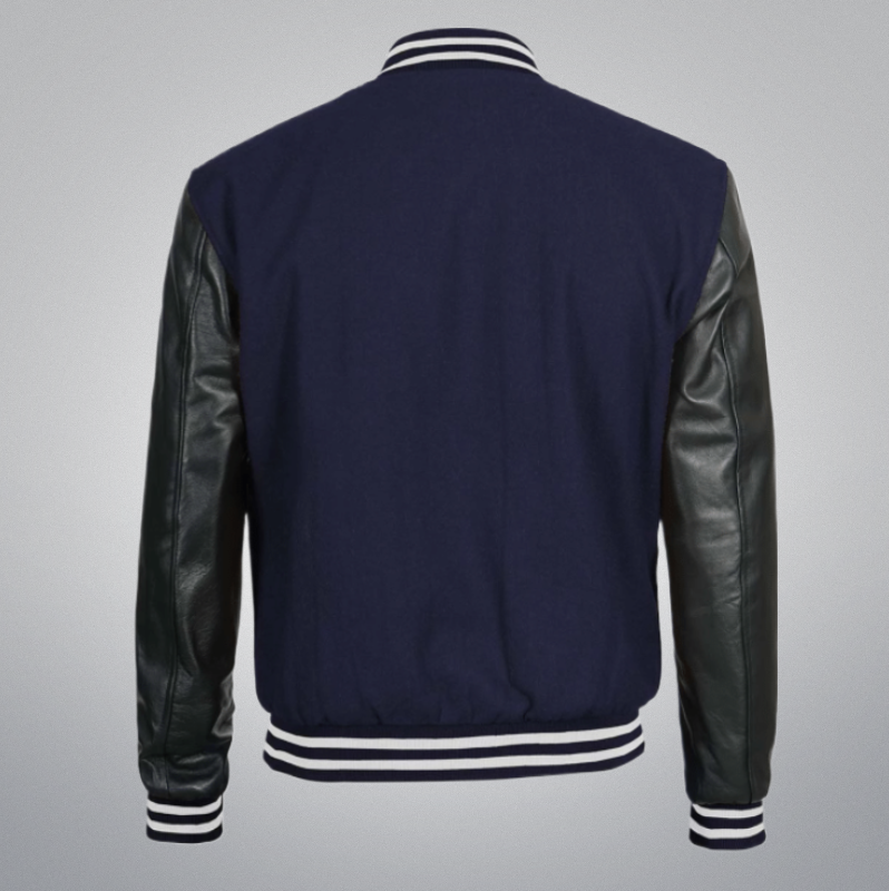 Navy Blue Varsity Jacket With Leather Sleeves